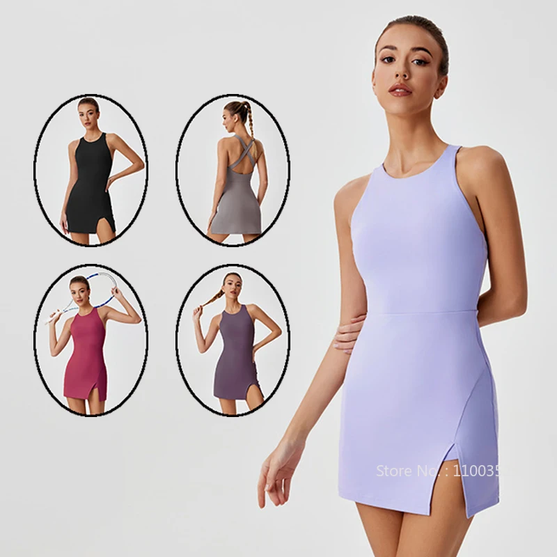 

Летнее теннисное платье для женщин с шортами, спортивные платья-карандаш с разрезом, женские шорты без рукавов для активных тренировок с перекрестной спинкой