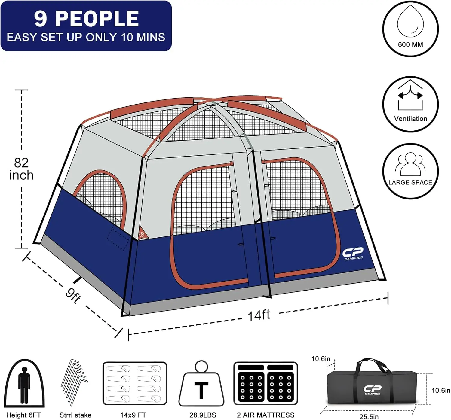 CAMPROS CP 텐트, 12 인용 캠핑 텐트, 방 2 개, 가족 캐빈 텐트, 6 개의 대형 메쉬 창문, 이중 레이어