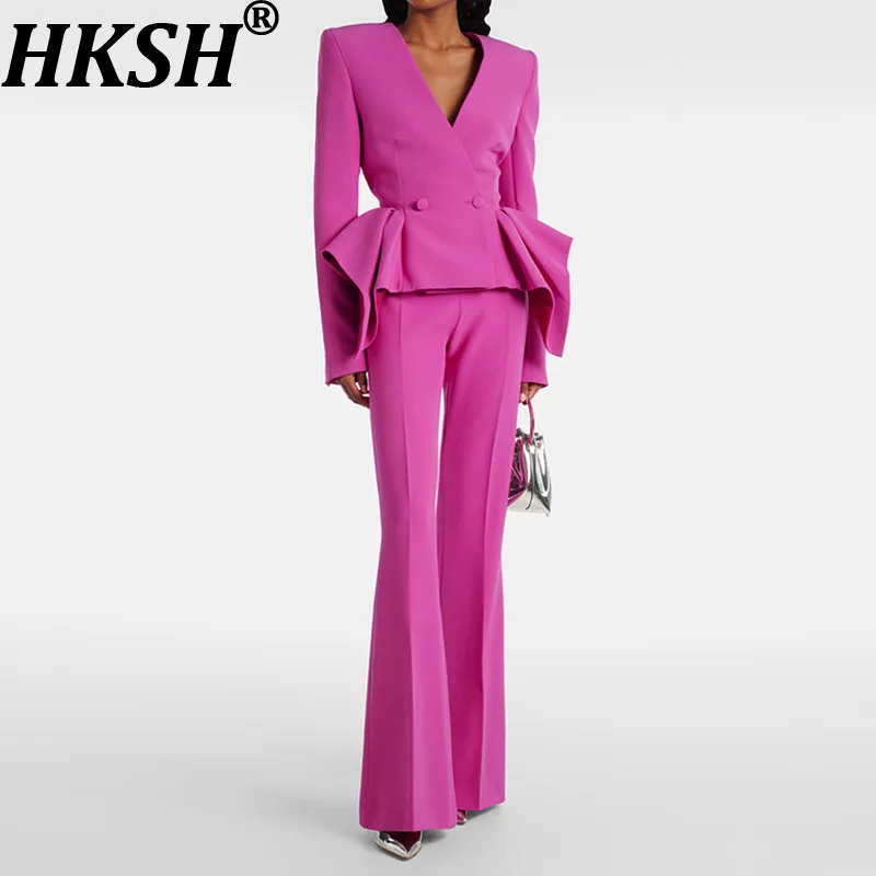 

HKSH Spring Autumn New Women Two-piece Suit Set V-neck Ruched Waist Cinching Slim Fit Blazer Flared Pants Elegant Trendy HK16867