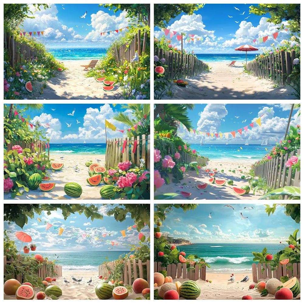 Summer Beach Photography Backdrop Wooden Fence Lounger Parasol Seabird Watermelon Fruit Kid Birthday Background Decor Photobooth