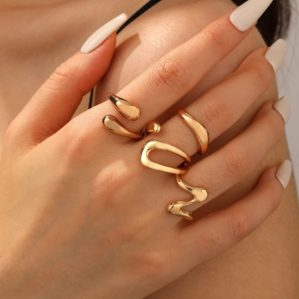 4pcs Minimalist Irregular Liquid Metal Adjustable Open Rings for Women Abstract Wave & Teardrop Statement Ring Set Party Jewelry