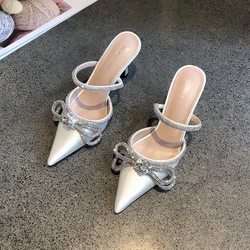 Sandalias con diamantes de imitación y nudo de mariposa para mujer, tacones altos, zapatillas de punta estrecha, bombas de fiesta, zapatos ostentosos de boda, moda de verano