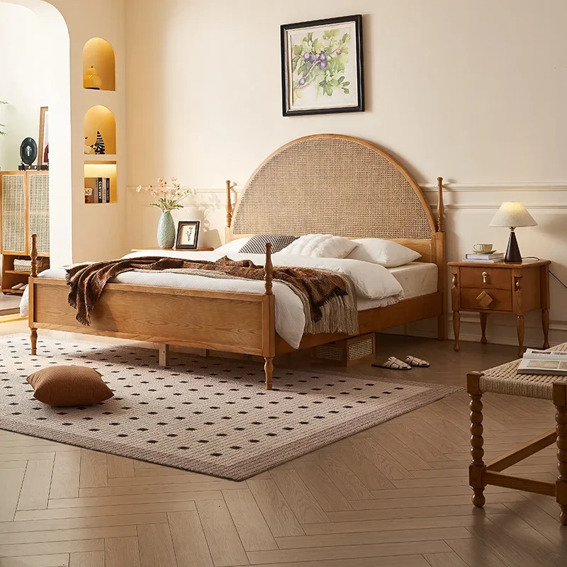New Chinese style 1.5-meter solid wood bed, medieval style bedroom 1.8-meter bed, homestay hotel rattan semi-round bed