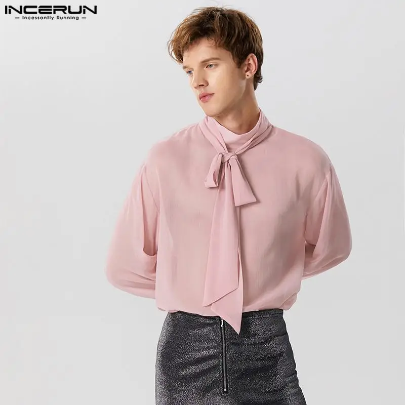 

2023 Men Shirt Stand Collar Long Sleeve Solid Color Lace Up Men Clothing Streetwear See Through Fashion Camisas S-5XL INCERUN