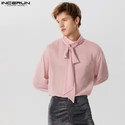 INCERUN-Camisa de manga larga con cuello levantado para hombre, ropa de calle con cordones, Color sólido, transparente, a la moda, S-5XL, 2023