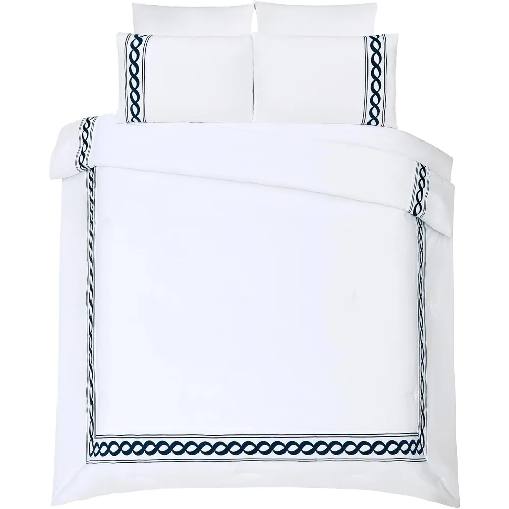 طقم لحاف فاخر من الساتين القطني المطرز مكون من 3 قطع قابل للعكس - مقاس كامل/الملكة، أبيض #3