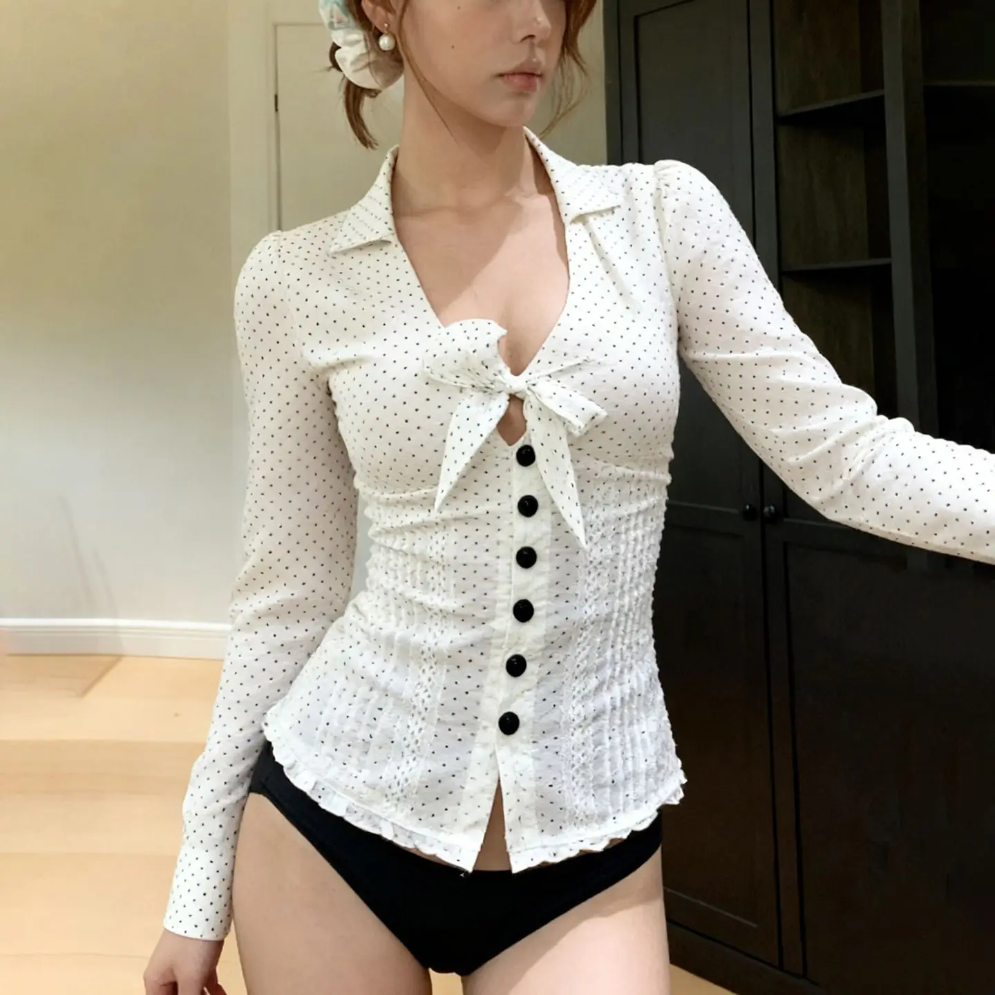 

2025 new polka dot printed bow lace-up breasted shirt casual slim long-sleeved top women