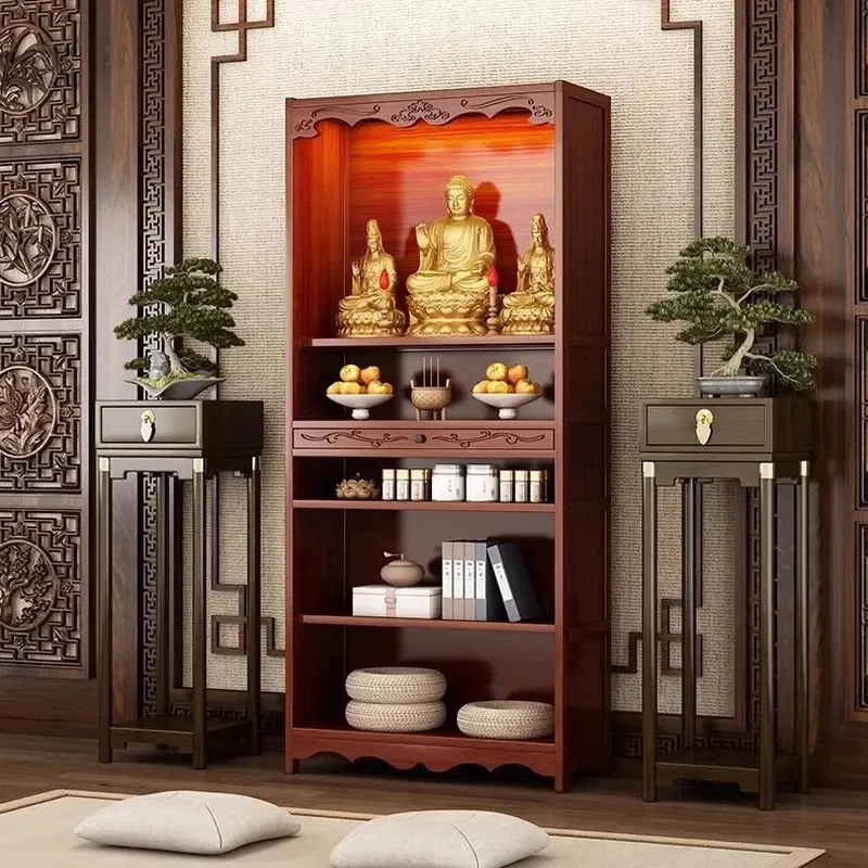 Wooden Offering Table with Door Household Incense Burner Stand Display Cabinet for God of Wealth Guan Gong Bodhisattva
