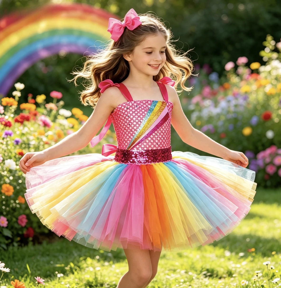 Rainbow Style Sweet Fashion Mesh Princess Tutu Dress With Bow Hair Clip For Kid Stage Performance Holiday Halloween Party Outfit