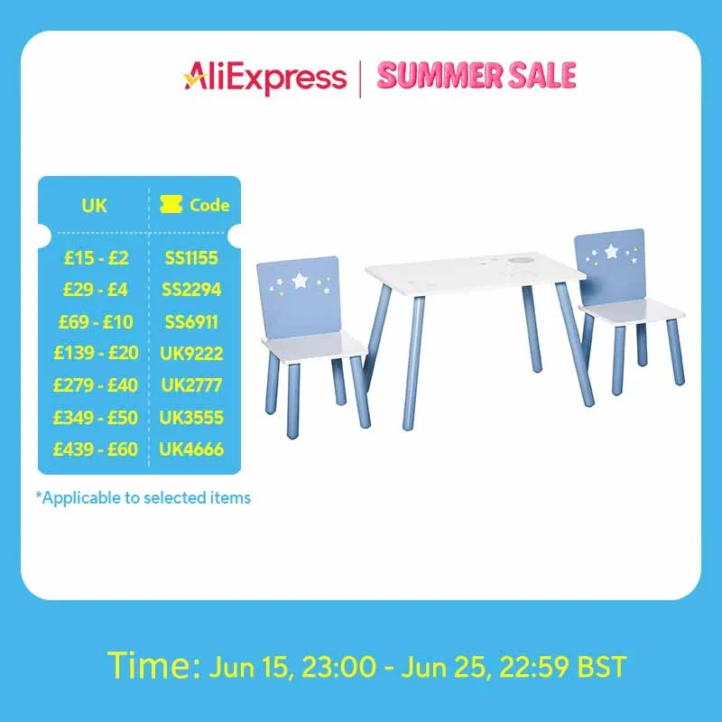 HOMCOM 3 Pcs Kids Table & Chairs Set with Wood Legs Safe Corners Cute Stars Seating Blue