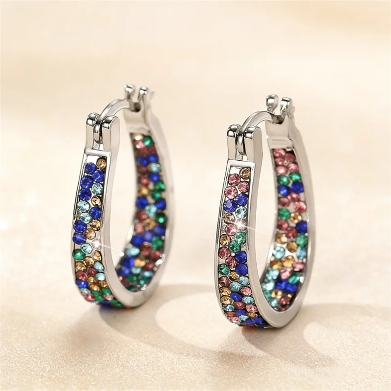 Luxus eingelegte farbige Zirkon Creolen für Frauen exquisite Mode Silber Farbe Party Verlobung Hochzeit Ohrringe
