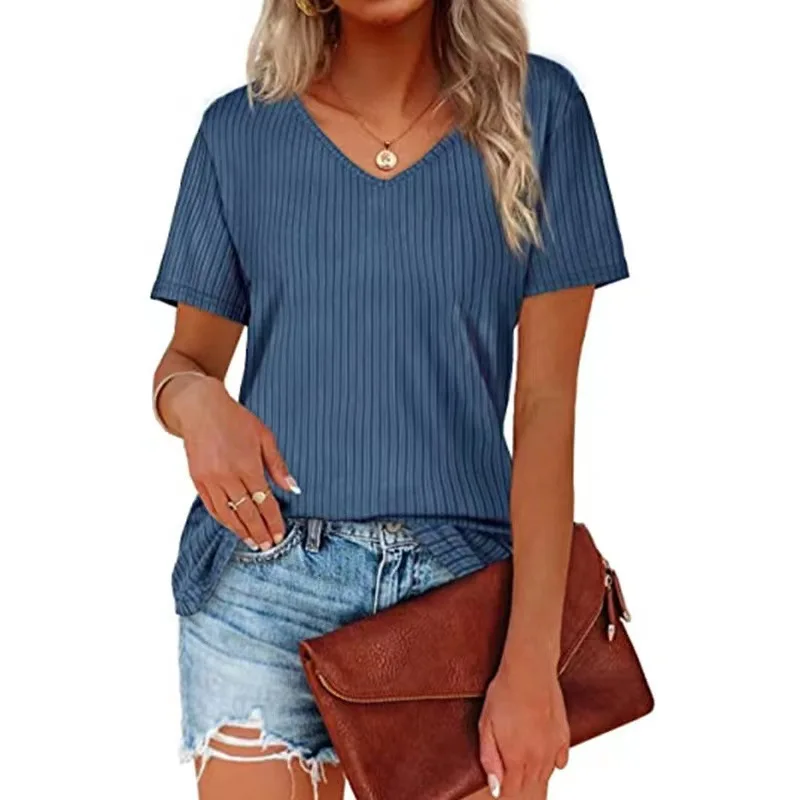 Ladies Short Sleeve Fashion Solid Color V-Neck Summer Pullover T-Shirt Casual Women Elegant Chic Soft Versatile Comfortable Tops