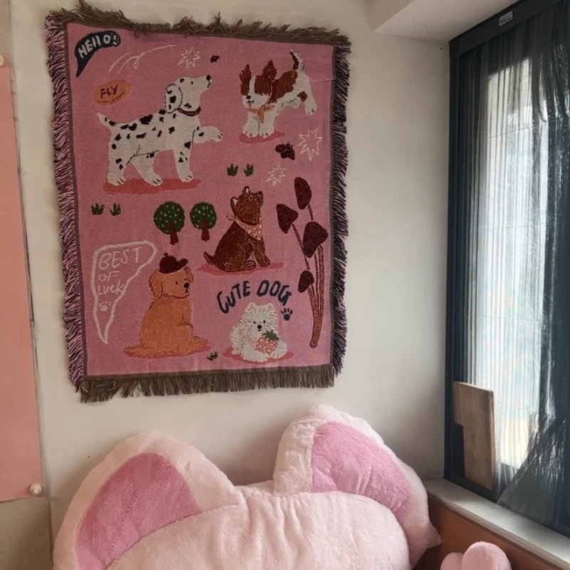 

Pink Puppy Sofa Throw Cartoon Illustration Cotton Blanket Decorative Hanging Rug Multi-Functional Cover Christmas Blanket