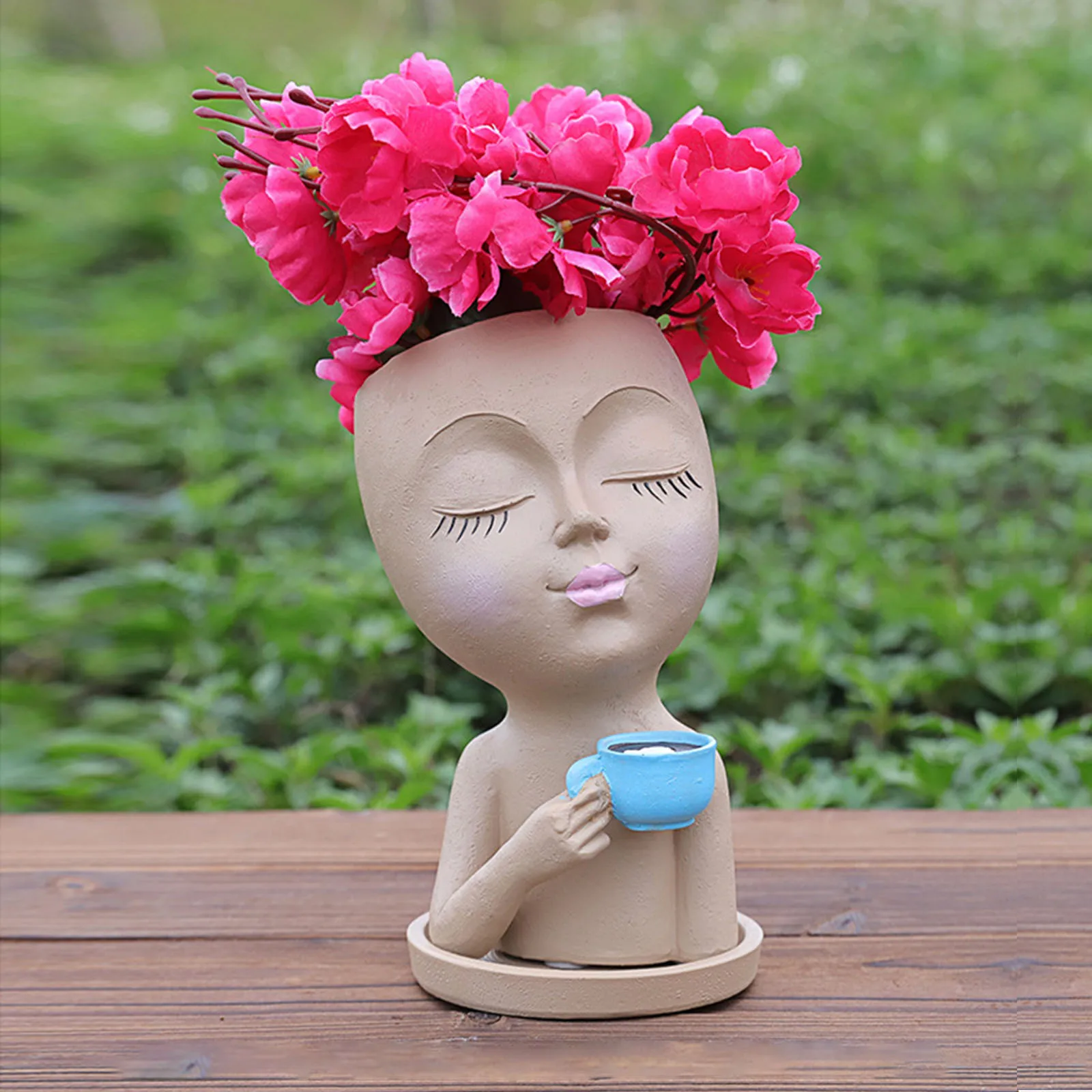 Head Planter Pot Face Flower Pot With Drainage Hole Handmade Unique Creative Multicolor Resin Girl Face Flowerpot