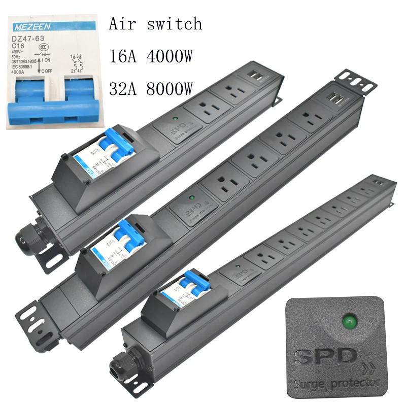 

PDU power strip US socket air switch 16A 4000W/32A 8000W 2-8AC wireless socket with surge protection