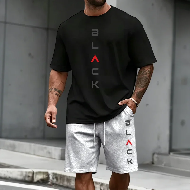 

Summer Daily Casual Sports Short Sleeve Outfit Urban Fashion Tshirts Streetwear Black Letters Print T-shirt and Shorts Men's Set