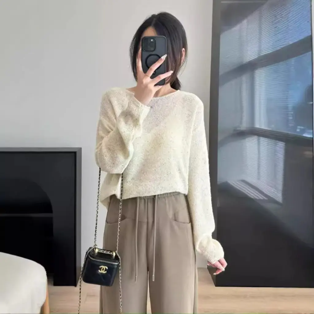 

Women's Slim Fit Mohair Sweater with Sequins Spring New Fashion Gentle Color Lazy Joker Style Foreign-Style