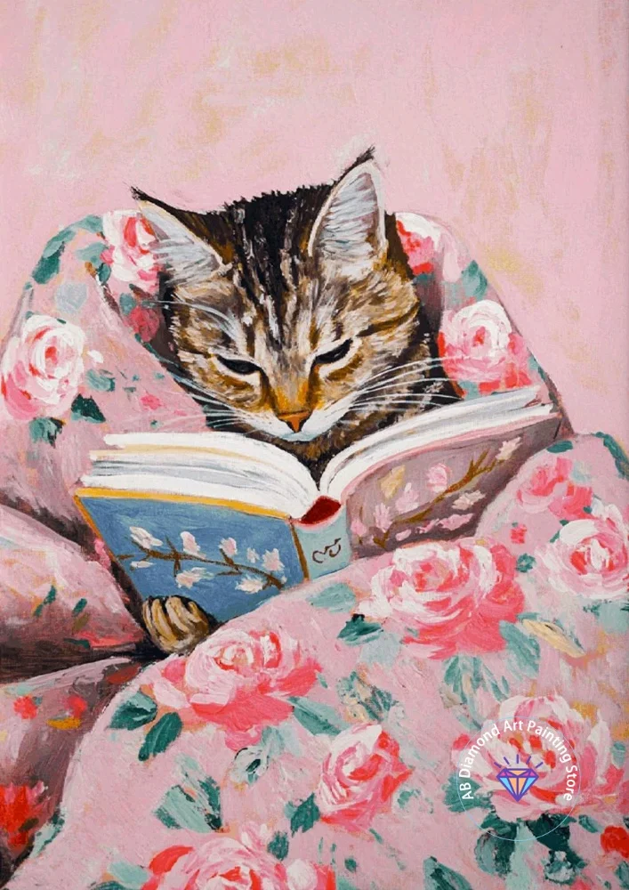 

Cat Reading Books Pink AB Diamond Painting Kit Square Round Diamond 5D DIY Mosaic Handmade Art Adult Exquisite Gift Home Decor