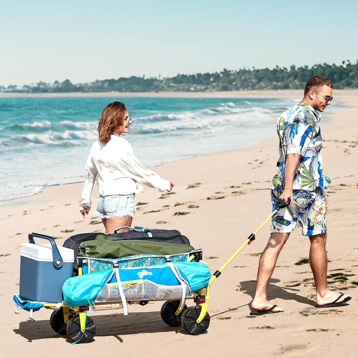 Blue Heavy-Duty Collapsible Beach Wagon for Sand, Camping, Shopping, Garden - 330 LBS Capacity, with Cup Holders & Side Pocket