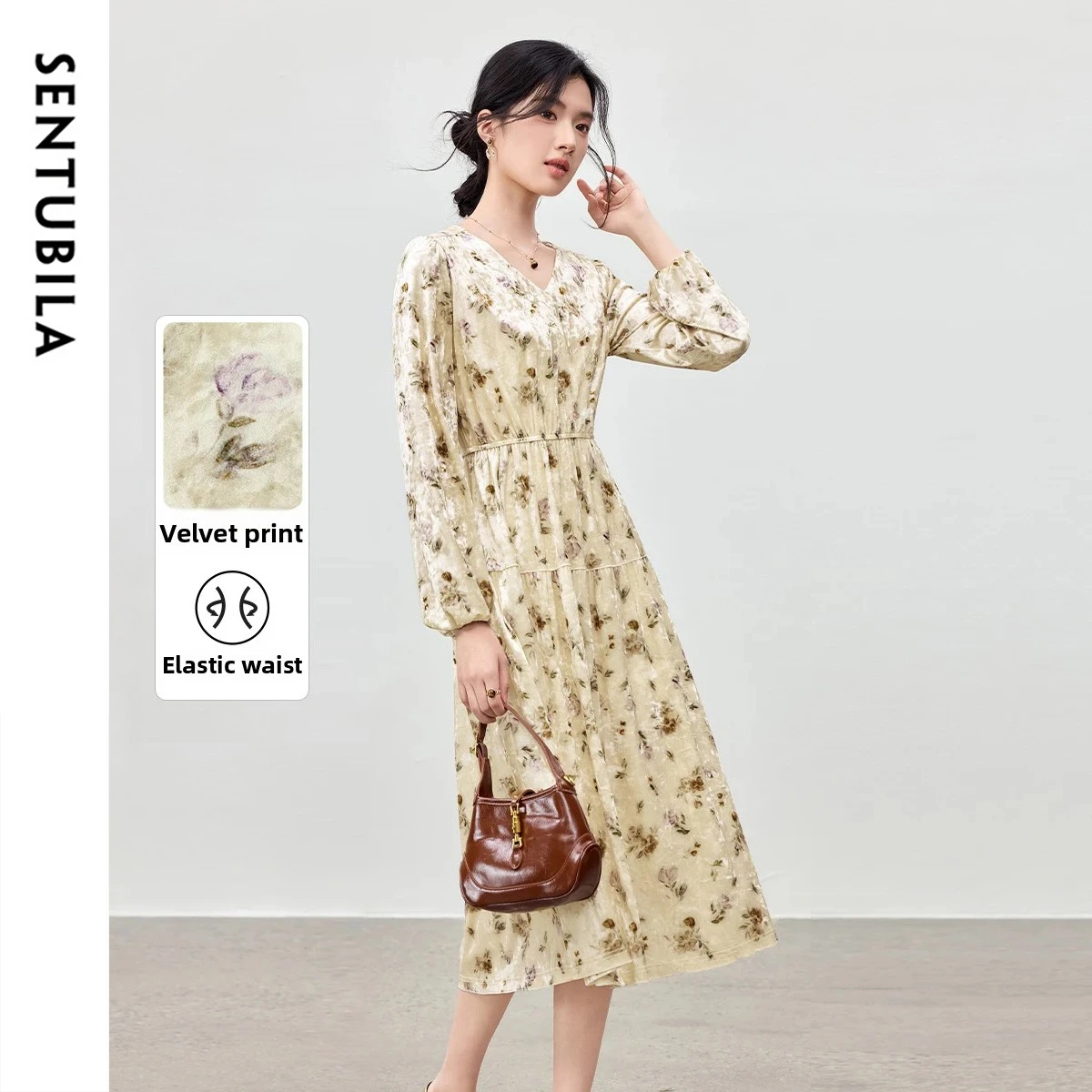 

SENTUBILA Women's Velvet A-Line Dress 2025 Autumn Retro Puff Sleeves V-Neck Floral Print Slimming Elegant Long Dress Q53LF3825