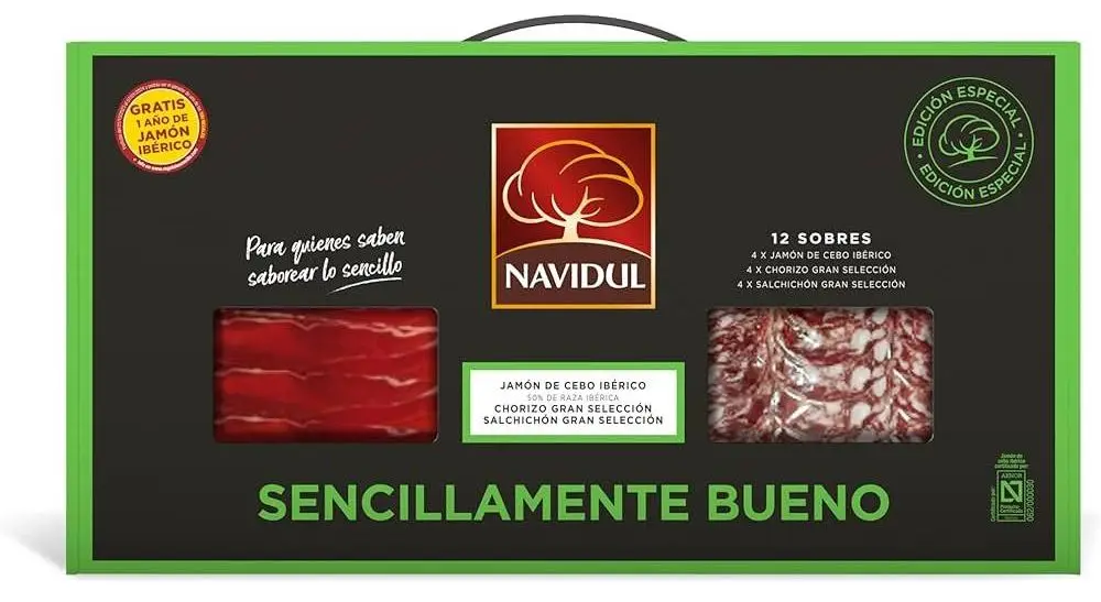 Maletín Navidul 900g Aprox (12x75g), Sencillamente Bueno - 4 Jamón Cebo Ibérico, 4 Chorizo, 4 Salchichón