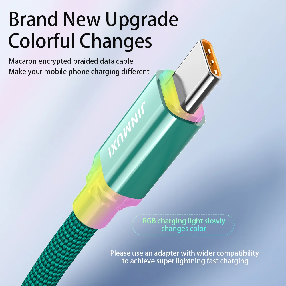 JINMUXI PD fast charging cable Type-C TO Type-C RGB color changing light for Xiaomi Samsung iPhone 15 16 Huawei OPPO OnePlus