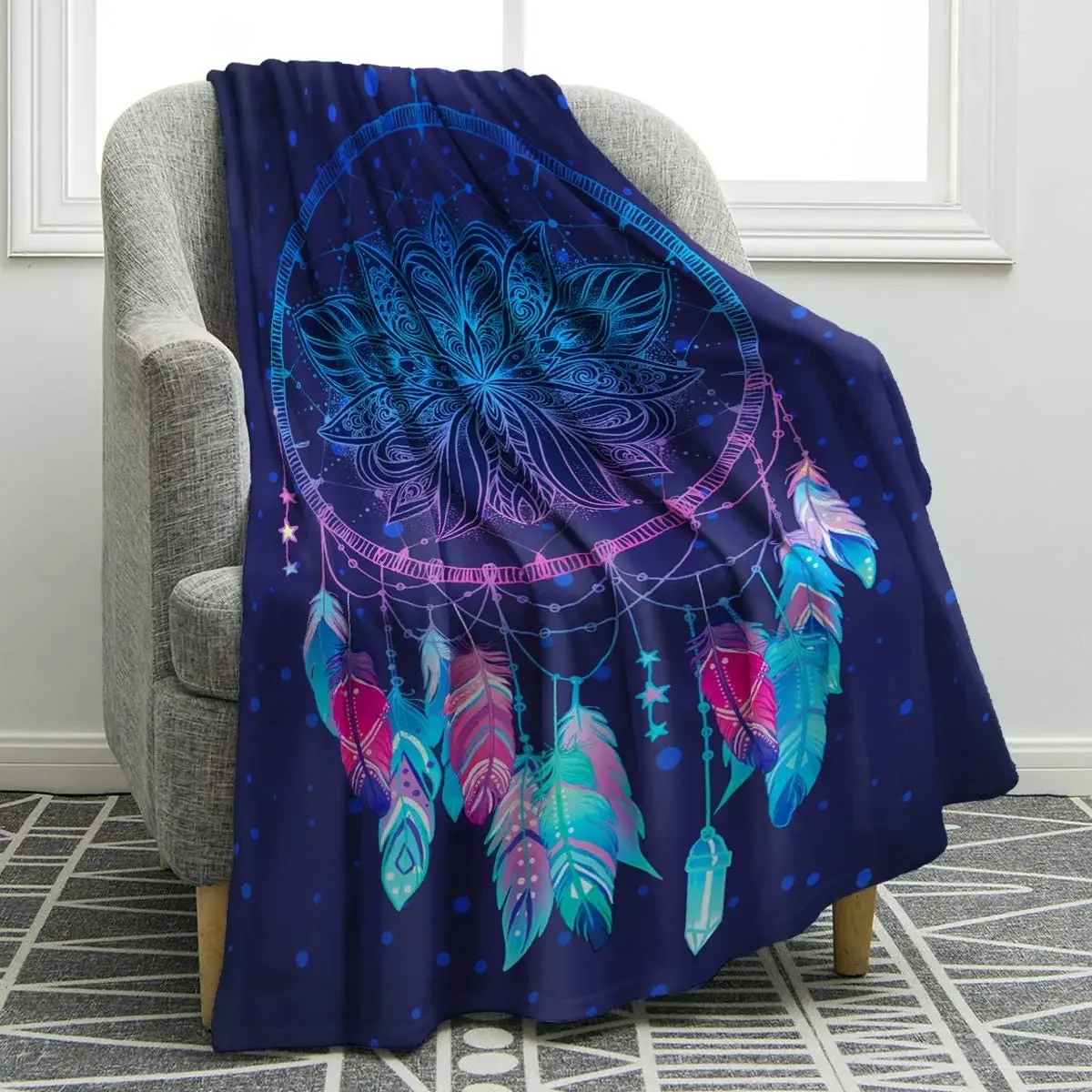 Feather Dream Catcher Flannel Throw Blanket for Sofa Chair Bed Office Travelling Camping Super Soft Lightweight Gift Blanket