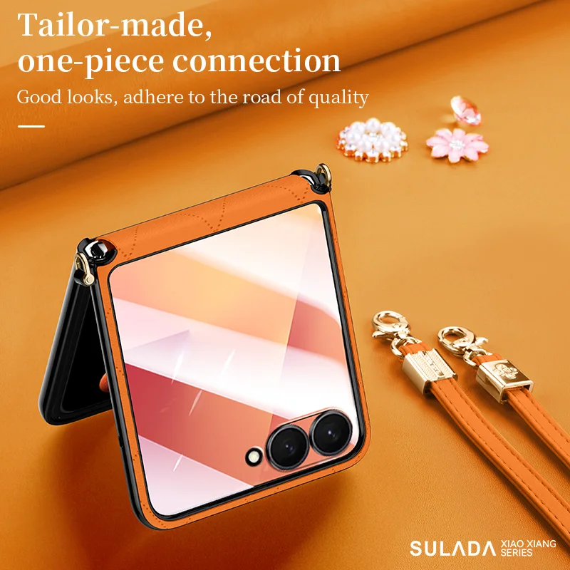 

New Luxury PU Leather Quilting Phone Case For Samsung Galaxy Z Flip 5 6 7 Shockproof Hinge Protect Cover Diagonal Hanging Rope