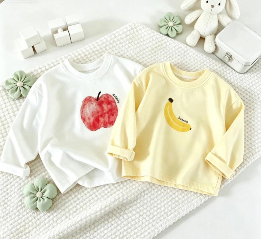 Soft Cotton Toddler Fruit Long Sleeve Crew Neck Tee Children Watercolor Apple Banana Print Daily Wear Baby Daily Clothing Tees