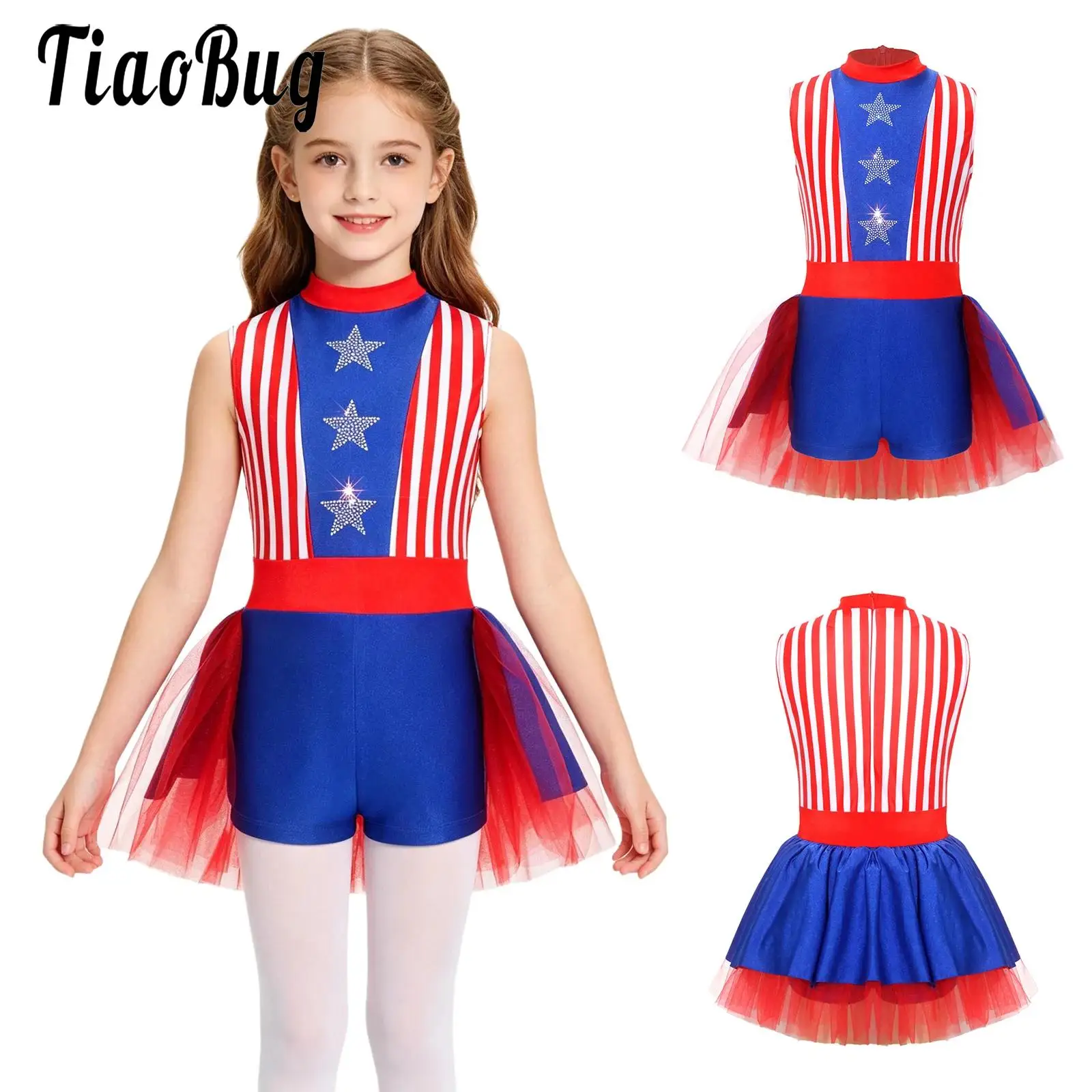 Kids Girls Independence Day Costume Tulle One-piece Jazz Performance Outfit Sleeveless Zipper Striped Jumpsuit with Tutu Skirt