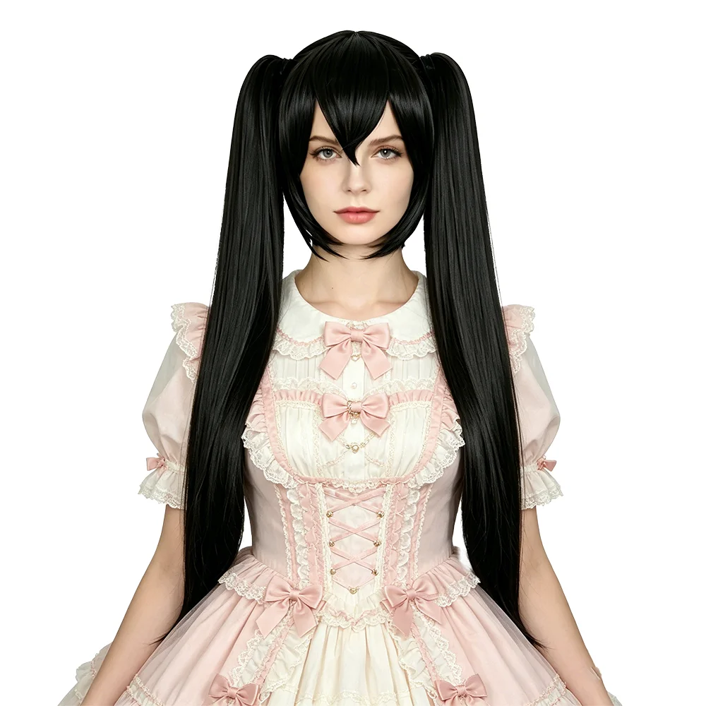Miku Cosplay Wig 120cm Long Black Straight with 2 Detachable Ponytails Heat Resistant Synthetic Anime Wig For Halloween Party