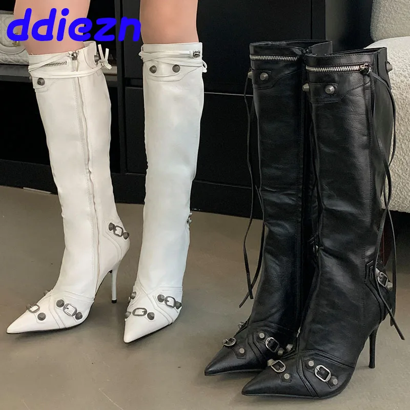 

Fashion Rivet Women Knee High Bootes Footwear Pointed Toe Ladies Long Modern Boots Zippers Shoes With Heels Female Pumps Shoes