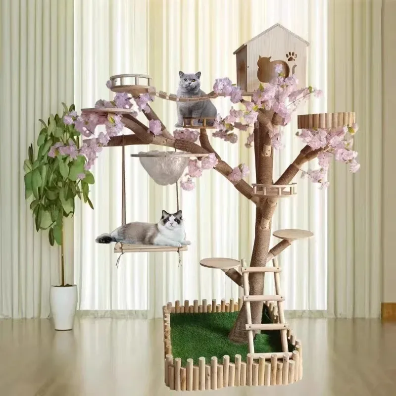 Luxury Multi-Level Wooden Cat Tree with Swing Transparent Bowl Large Cat Climbing Tower for Play Rest and Scratching