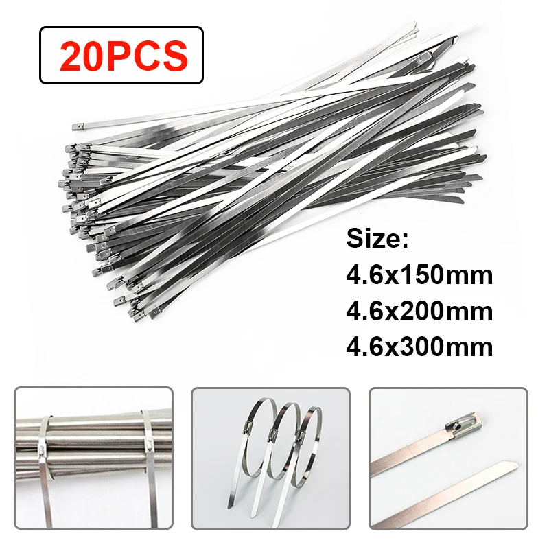 20pcs Stainless Steel Cable Ties Length 150/200/300mm Exhaust Wrap Self-Locking Cable Zip Tie Multi-Purpose Metal Locking Ties