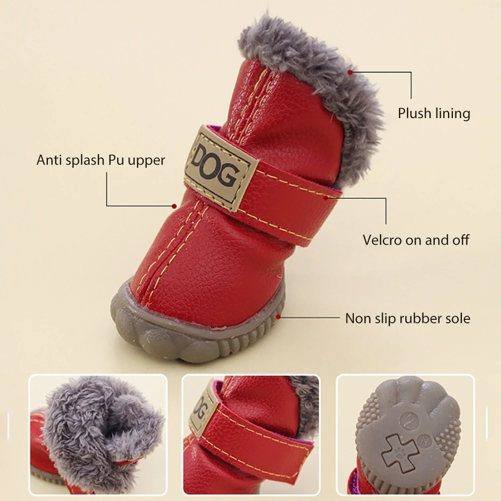 Dog Outdoor Shoes PU Leather Dog Boots with Plush Lining Anti-Slip Sole Running Shoes for Chihuahua Puppy Paw Protector