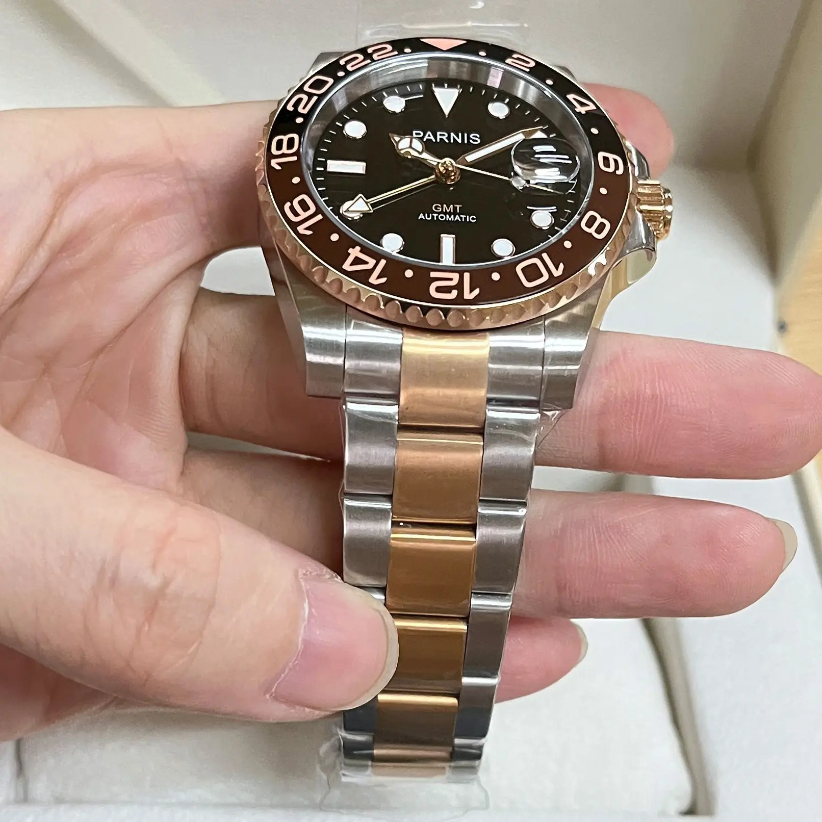 Imagem -04 - Nova Moda Parnis 40 mm Rosa Ouro Automático Relógios Mecânicos Gmt Safira Homem de Cristal Relógio Esportivo à Prova Impermeável Água Presente