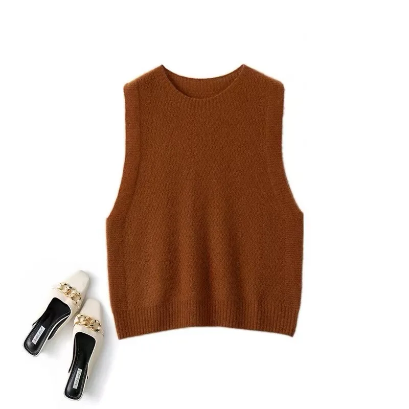 2024 Autumn/Winter Premium Feel 100% Wool O-Neck Seamless Knitted Vest Pullover Fashion Solid Simple Versatile Sleeveless Tops