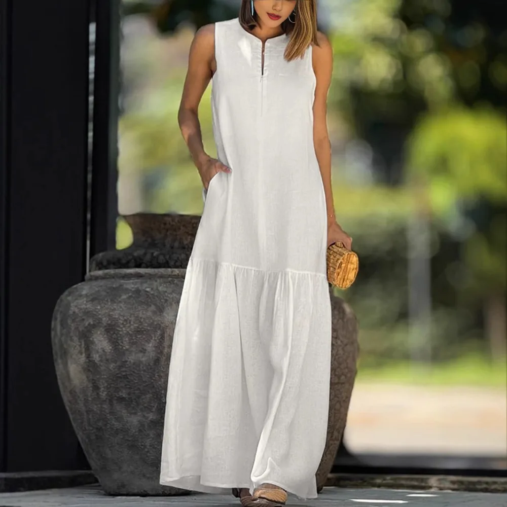 

Elegant Countryside Style Cotton Linen Vest Dress Spring and Summer Women Simple Solid Color Loose Cool Soft Casual Long Dress