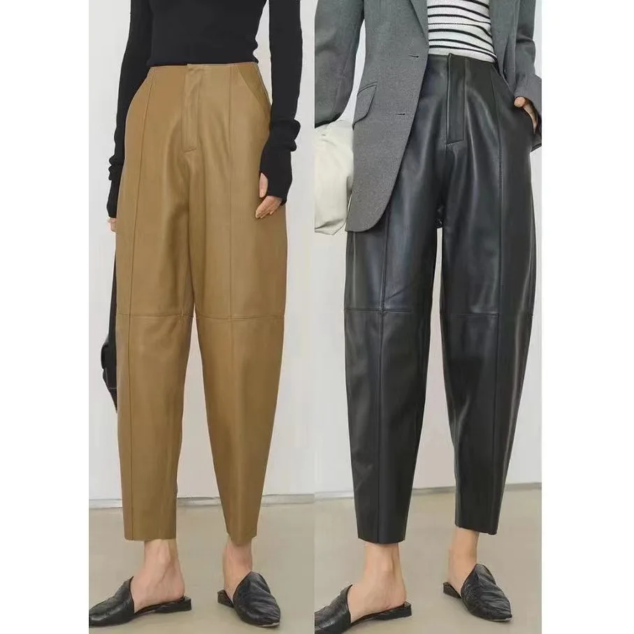 Korean Style Autumn Winter Chic Women's High Quality Sheepskin Leather Casual Pants C952