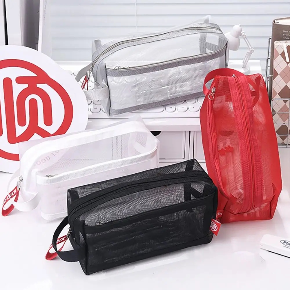 Trousse à Crayons en Maille Durable, Double Couche, Grande Capacité, avec Poignée, Sac de Rangement Portable