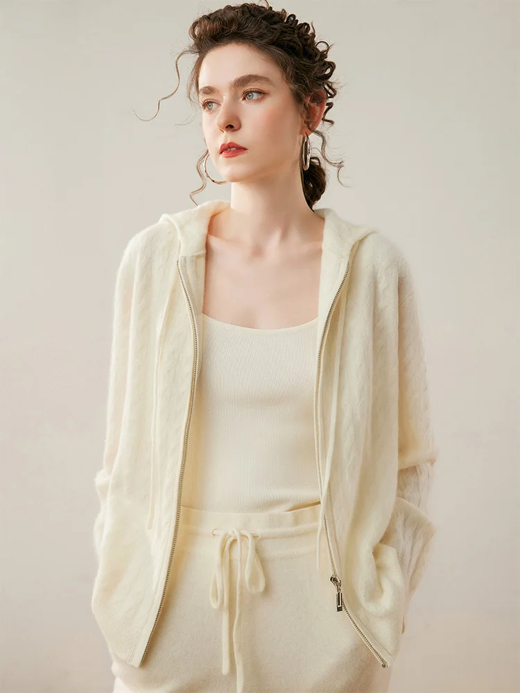 Chic Twisted Knit Sweater 100% Cashmere Cardigan Women's Autumn Winter Luxury Hooded Zipper Casual Loose Coat New Fashion Tops