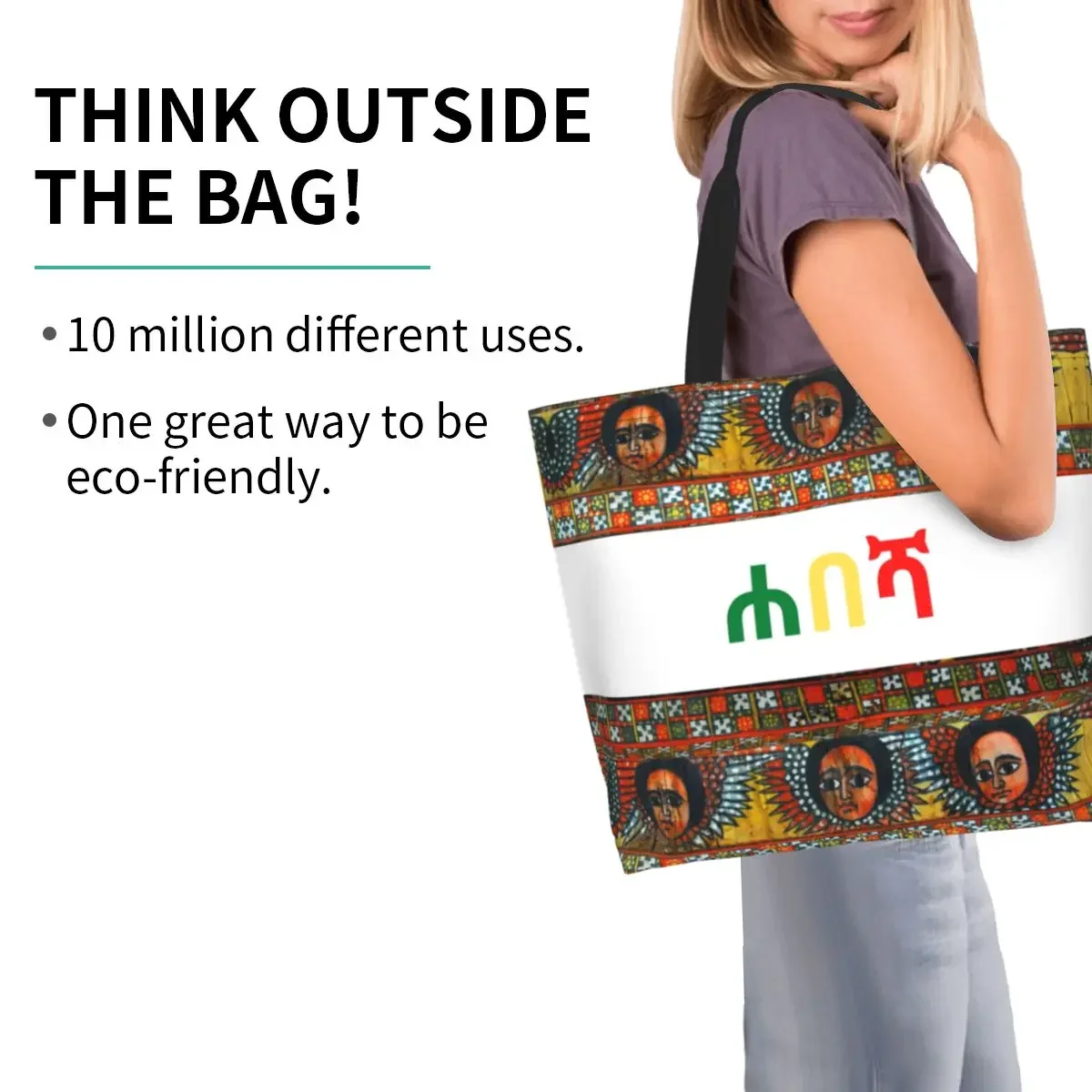 Ethiopian Habesha Art Grocery Shopping Bags Funny Printing Canvas Shopper Shoulder Tote Bags Big Capacity Durable Handbag