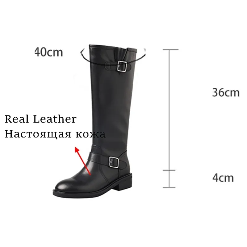 ANOVISHANA Women Genuine Leather Brand Cool Women Knee Boots Ridding Round Toe 4cm Block Heel Slip On Elastic Band Brown Size 40