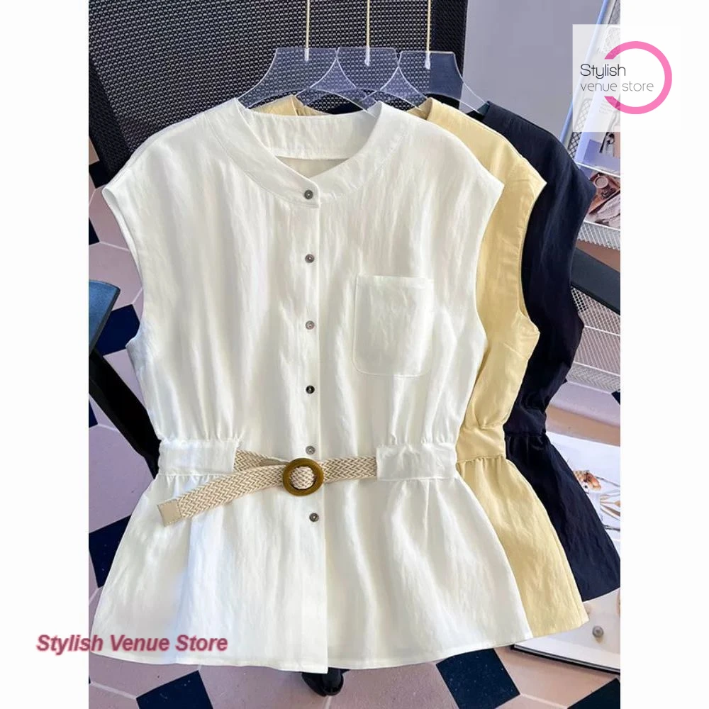 

French stand-up collar tank top shirt women's summer new fashion niche with belt sleeveless cardigan chic sleeveless top