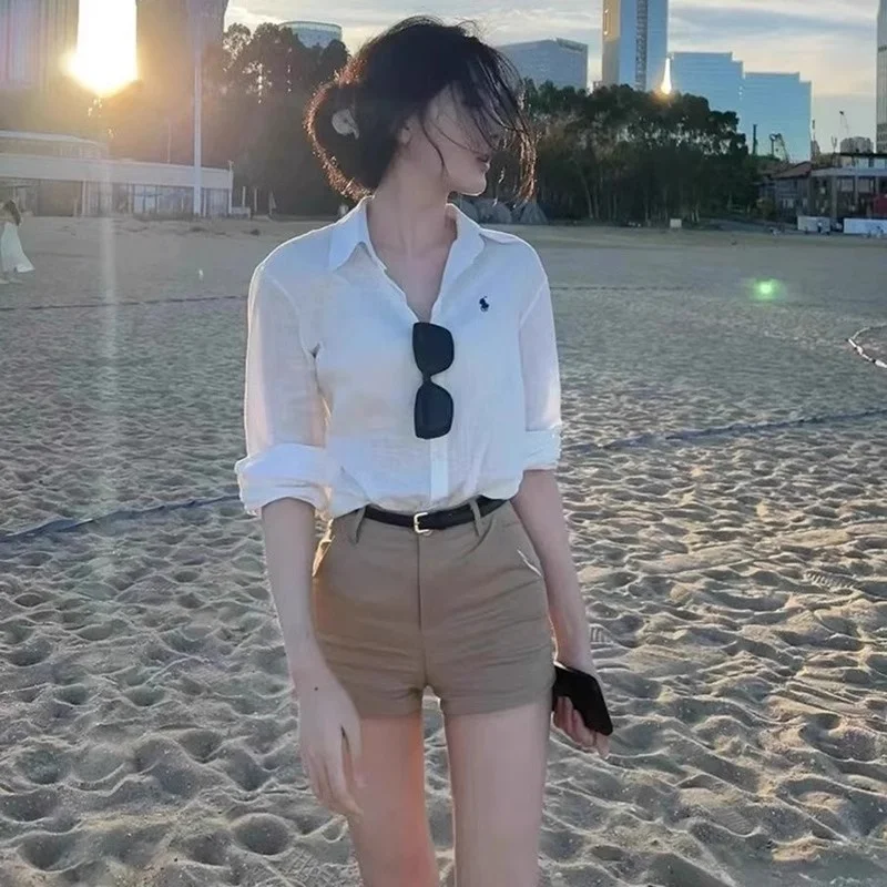 orts Vaqueros Cortos Estilo Americano para Mujer, Color Caqui, Elásticos, de Cintura Alta, Ajustados, Versátiles, para el V...