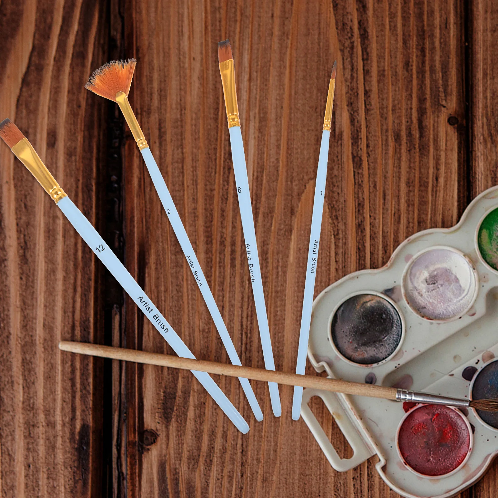 

4 Pcs Brush Oil Set Paint Flat Watercolor Brushes Pen Sky-blue Wood Drawing