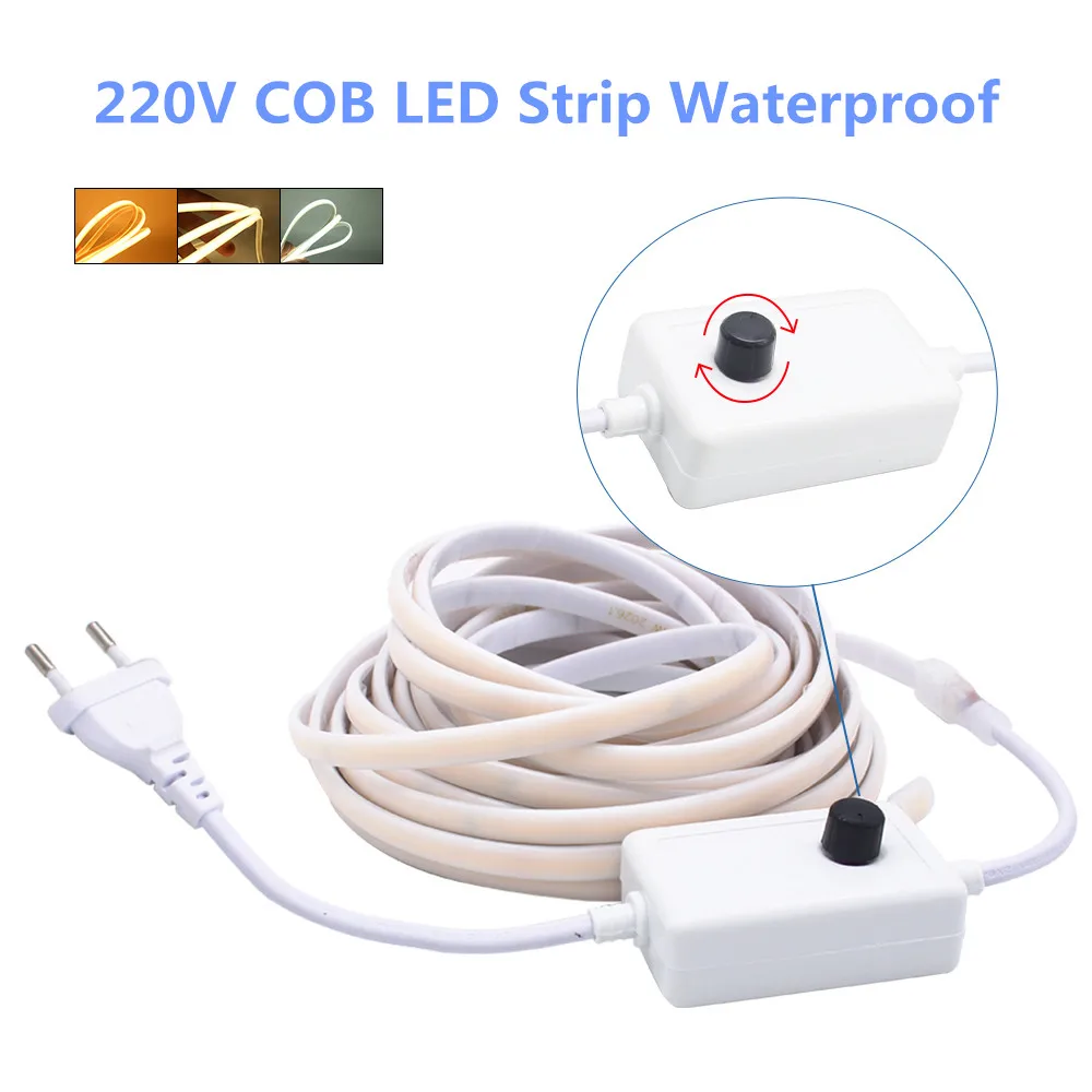 Soft Flexible 220V COB LED Strip Light 3000K 4000K 6000K IP67 Waterproof Tape Lamp Dimmable Switch Kit Outdoor Linear Lighting