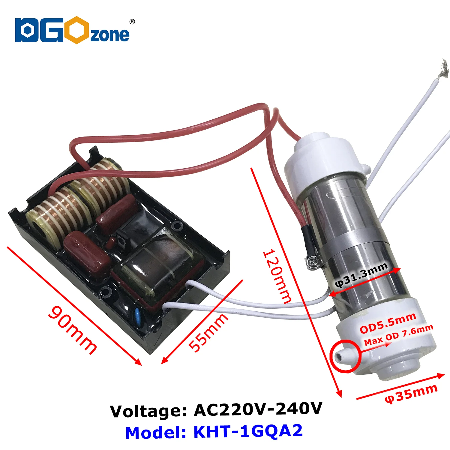 1G/H Quartz Tube Ozone Generator for Air and Water Purifying SPA Ozonizer Sterilize O3 Reactor Ozonio  KHT-1GQA1/A2