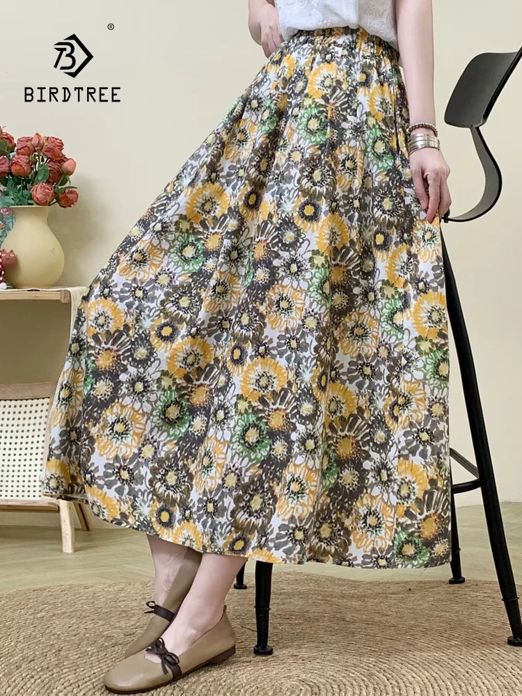 

New 2025 Summer Cotton Skirt, Women Elastic Waist Floral Print, Mori Girl French Retro Prairie Chic Loose A-line Skirt B56525CC