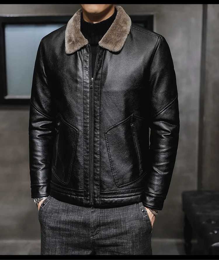 Winter New Fashion Men's Turn-down Collar Long Sleeve Casual Trendy Simple Basic Faux Leather Jackets Male Clothes Coats Tops
